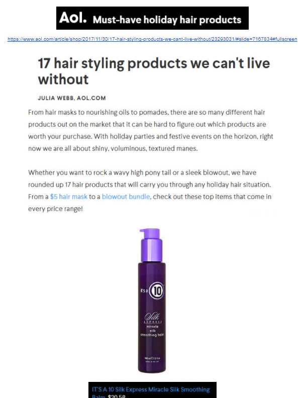 10 Haircare’s Silk Express Miracle Silk Smoothing Balm Named in AOL's Must-Have Holiday Hair Products