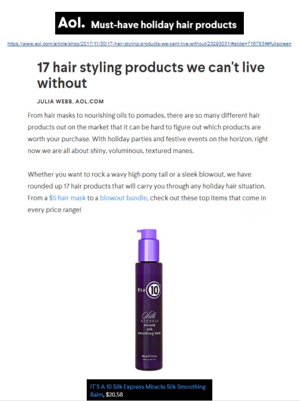 10 Haircare’s Silk Express Miracle Silk Smoothing Balm Named in AOL's Must-Have Holiday Hair Products