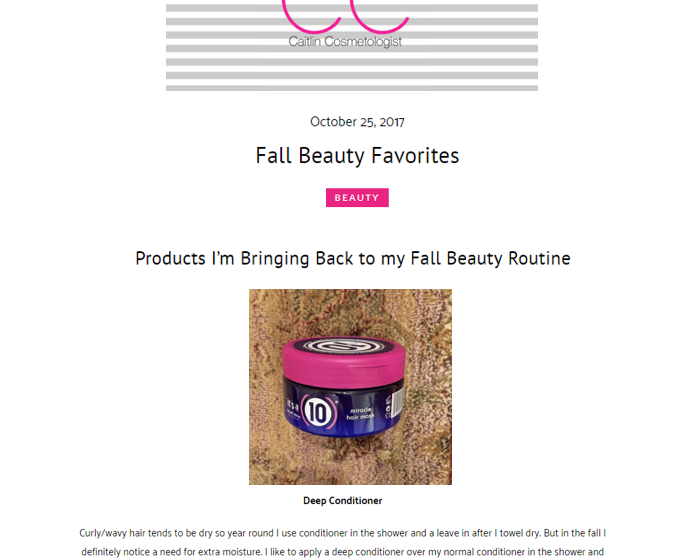 It's A 10 Miracle Hair Mask is Blogger Caitlin Cosmetologist's Fall Beauty Favorite