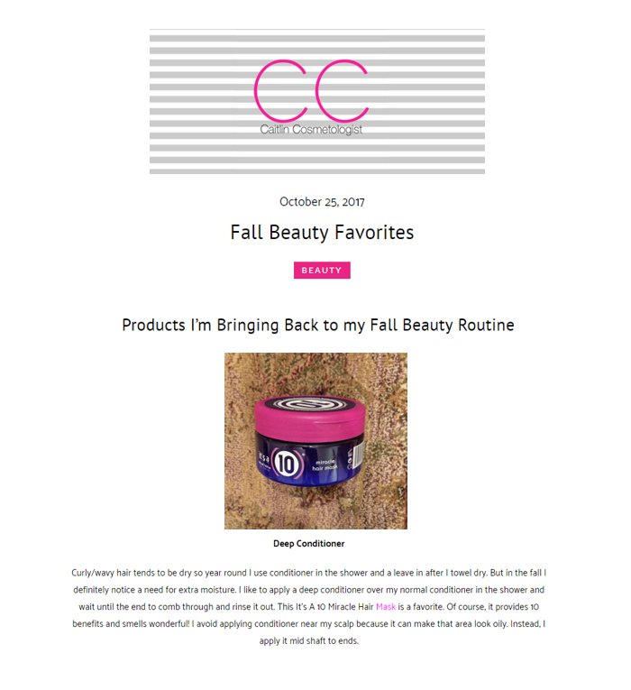 It's A 10 Miracle Hair Mask is Blogger Caitlin Cosmetologist's Fall Beauty Favorite